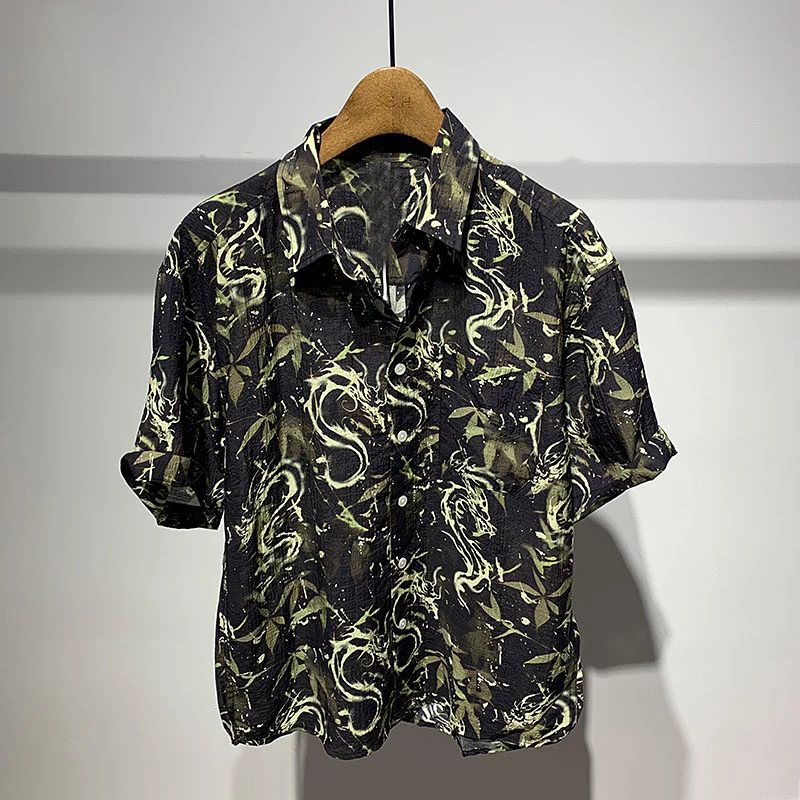 

Men Clothing Summer Fashion Vintage Print Lapel Hawaiian Vacation Beach Shirts Male High Street Casual Short Sleeve Loose Tops