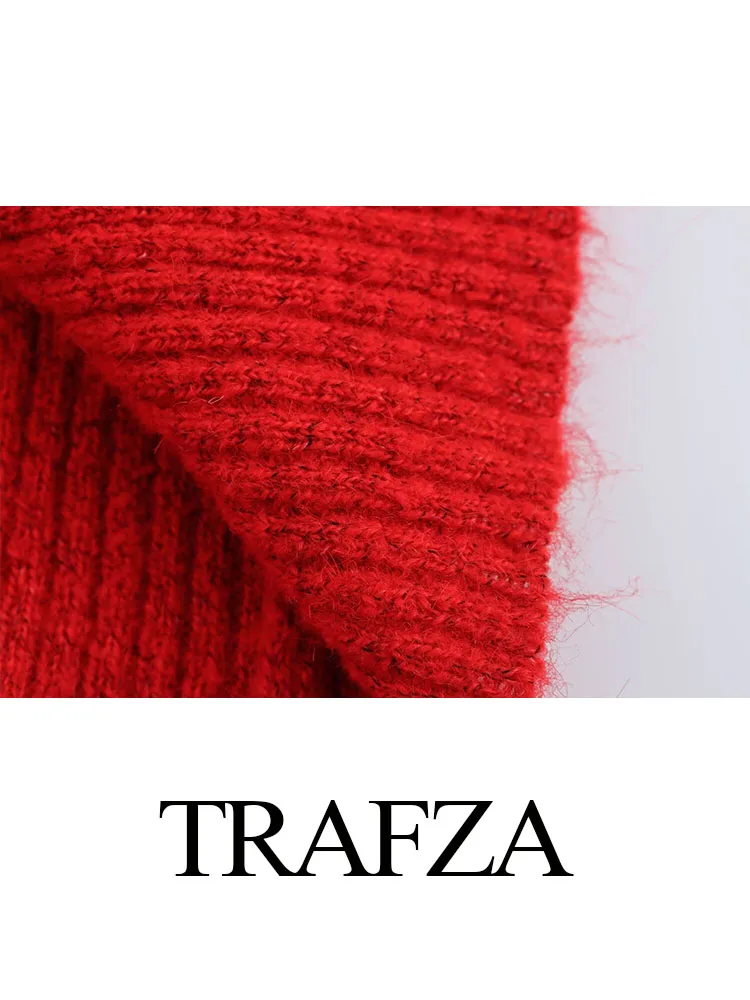 Trafza outono camisola casacos mulher na moda vermelho com decote em v mangas compridas apliques decorar único breasted cardigan feminino topo de malha