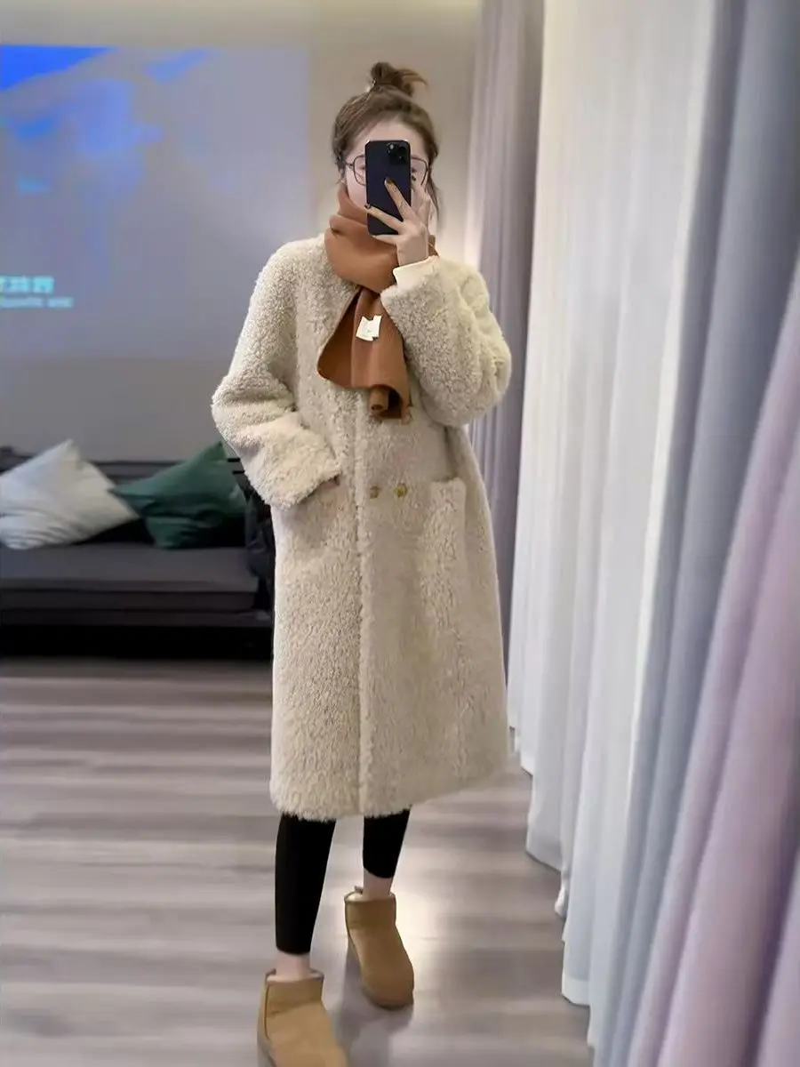 

Retro Sle Streetwear Cross-Border Lamb Fur Jaet Loose Versatile Warm Outerwear for Autumn And Winter Medium-Length Coat