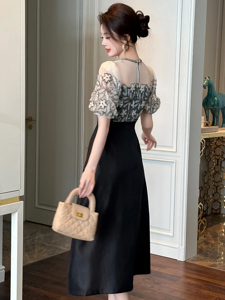 Damska Sukienka Wieczorowa Czarna Koronkowa Imitacja Dwuczęściowa Krótki Rękaw Wyszczuplająca Linia A Długa Elegancka Modna Impreza Bal Studniówkowy Vestido Robe Lato