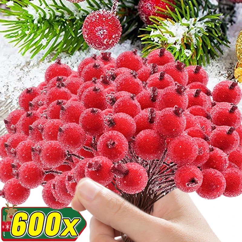 Mini Artificial Frosted Berry Stamen Christmas Double Head Holly Berries Fake Flowers Bouquets DIY Wreath Xmas Party Decoration