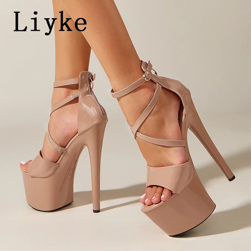 

Liyke Fashion Runway Ankle Strap Platform Sandals Women Summer Patent Leather Open Toe Zip Sexy 17CM High Heels Pole Dance Shoes