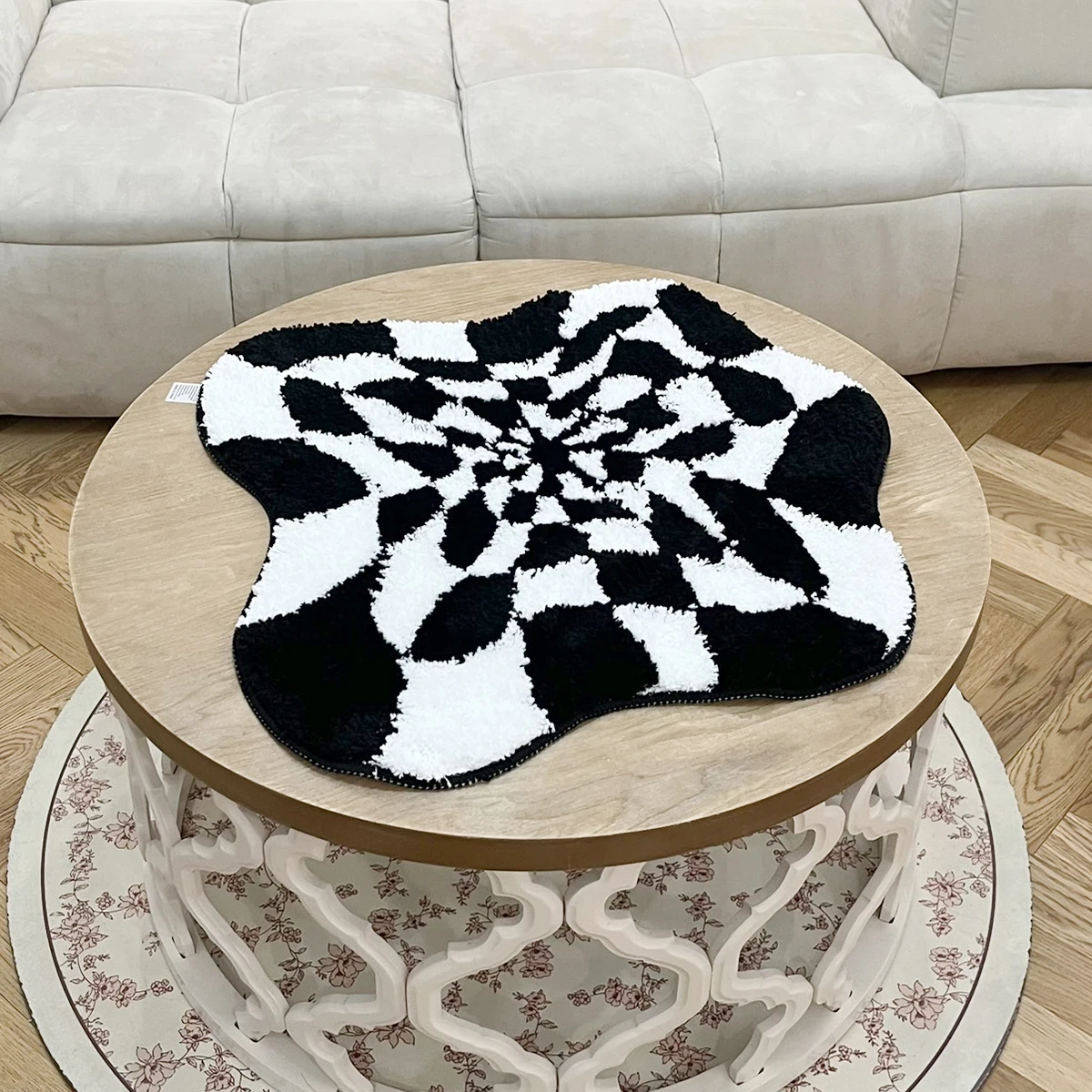 Abstract 3D Illusion Checkered Cloud Shape Tufted Rug - Handmade Modern Black and White Design - Fluid Art Porch Carpet
