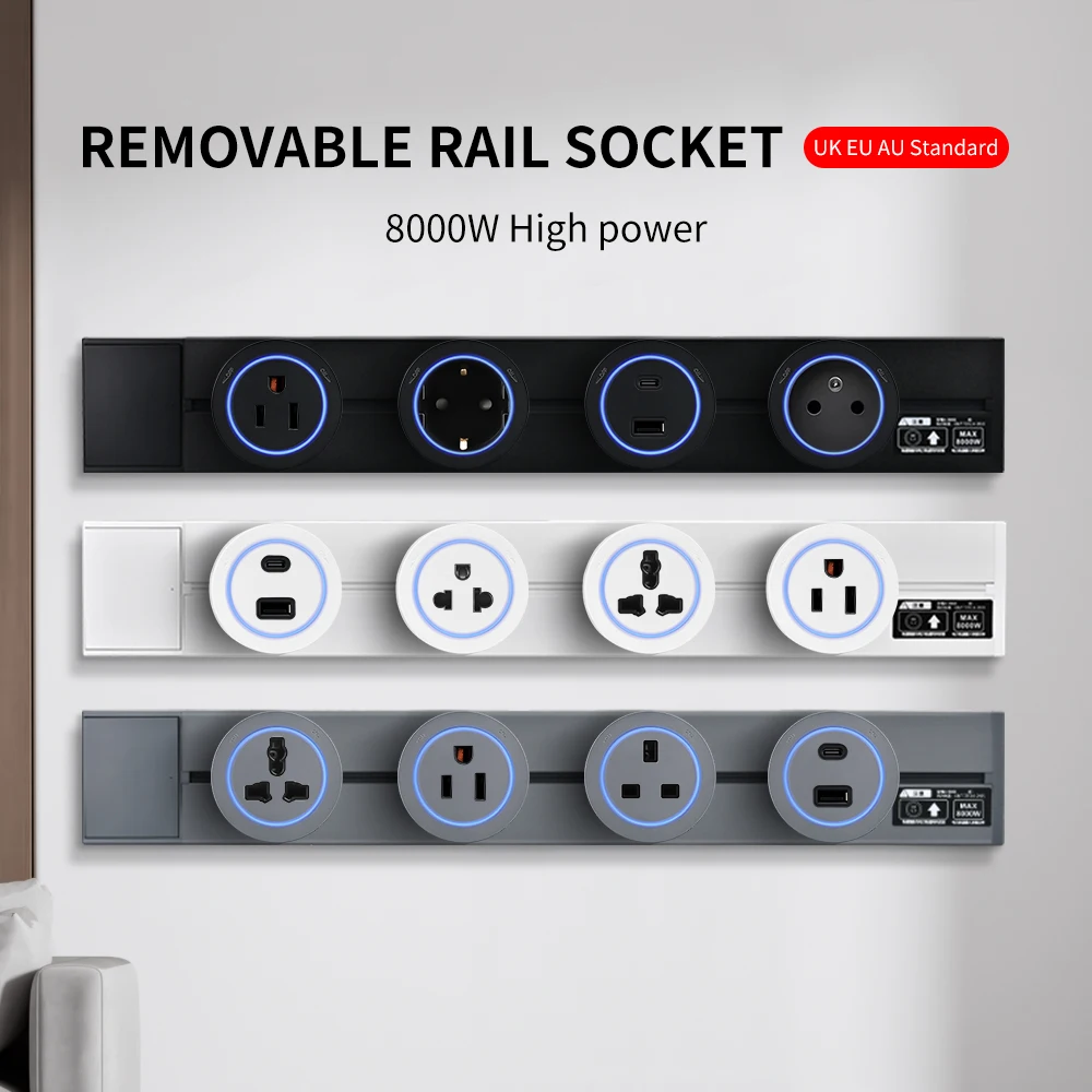 

White Black Wall Power Track Socket EU UK FR Korea Standard Home Kitchen Bathroom Office Wall Electric Sockets Plugs Adapters