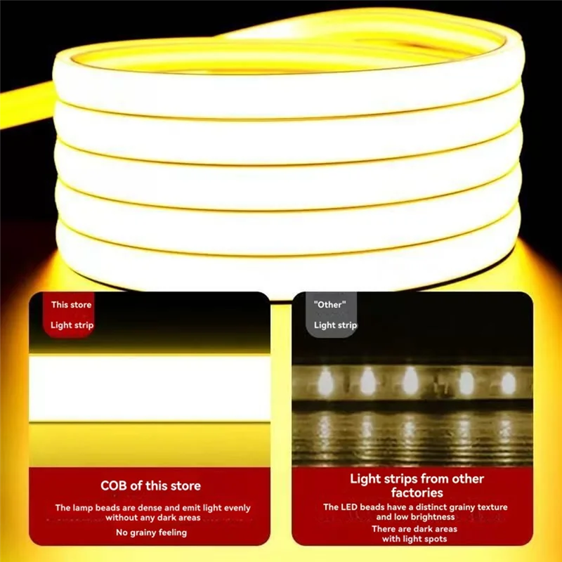 ABUH-Superheller 220 V COB flexibler LED-Lichtstreifen, 5 m, selbstklebend, 240 Lichter pro Meter, EU-Stecker, lineares Licht