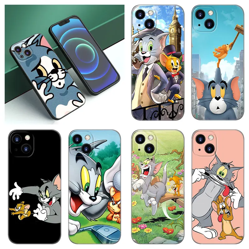 J-Jerrys Mouse Toms Cat Phone Case For Apple iPhone 12 13 Mini 11 14 15 Pro XS Max 7 8 Plus X XR SE 2020 2022 Black Case