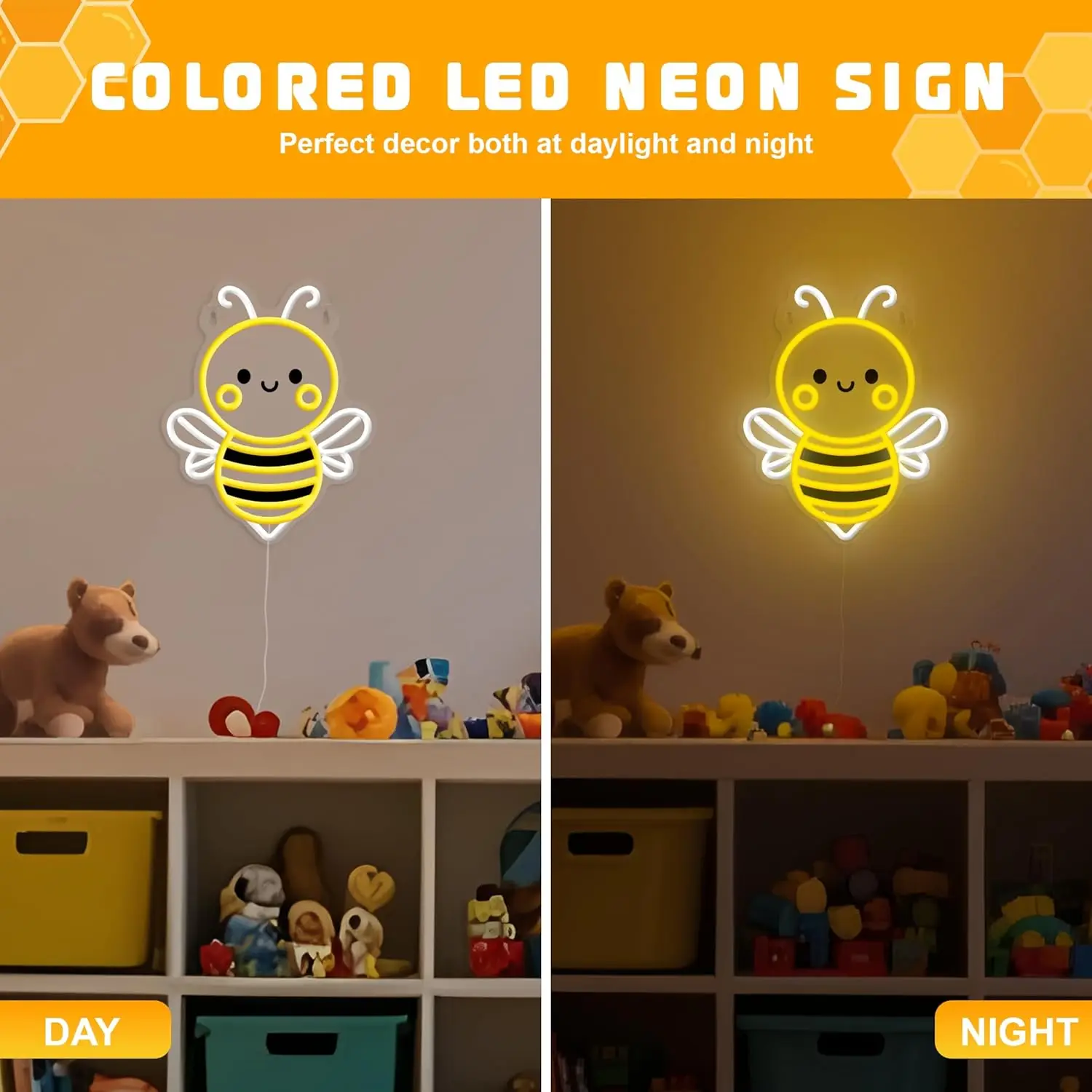 Cute Bumblebee Cartoon LED Neon Sign Light Dimmable for Nursery Kids Room Wall Decor Birthday Party Gift Sweet Honey Theme Lamp - view 3