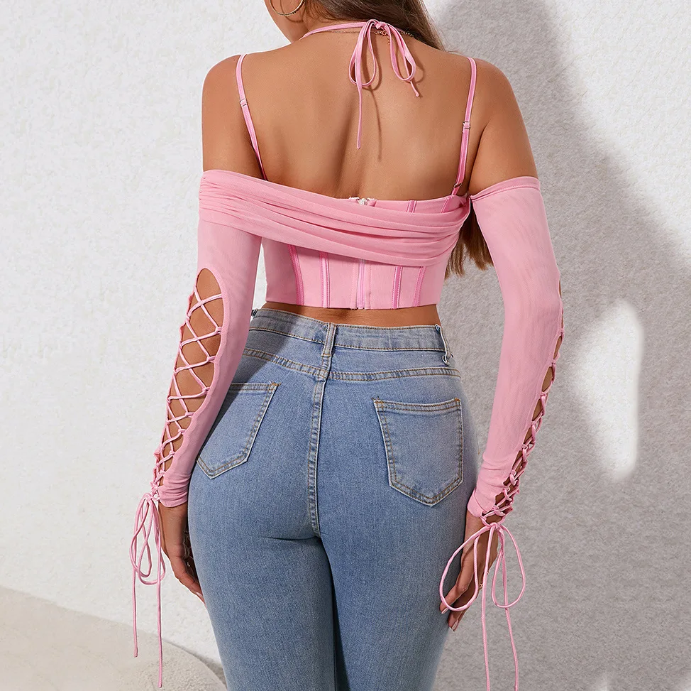 Suninheart Sexy Off-Shoulder Top Vrouwen 2024 Nieuw In Uitgeholde Korset Met Lange Mouwen, Top Casual Party Clubkleding