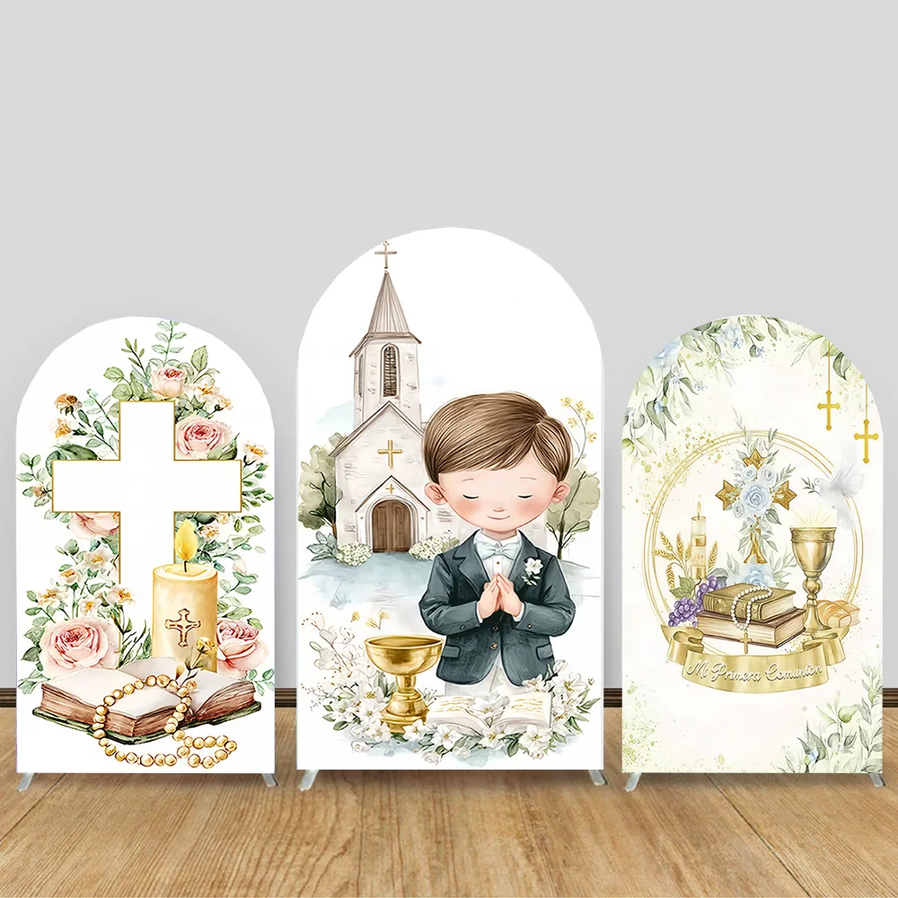 

Green Leaves My Baptism Arch Backdrop Cover Floral Cross Boy or Girl First Holy Communion Party Decor God Bless Background