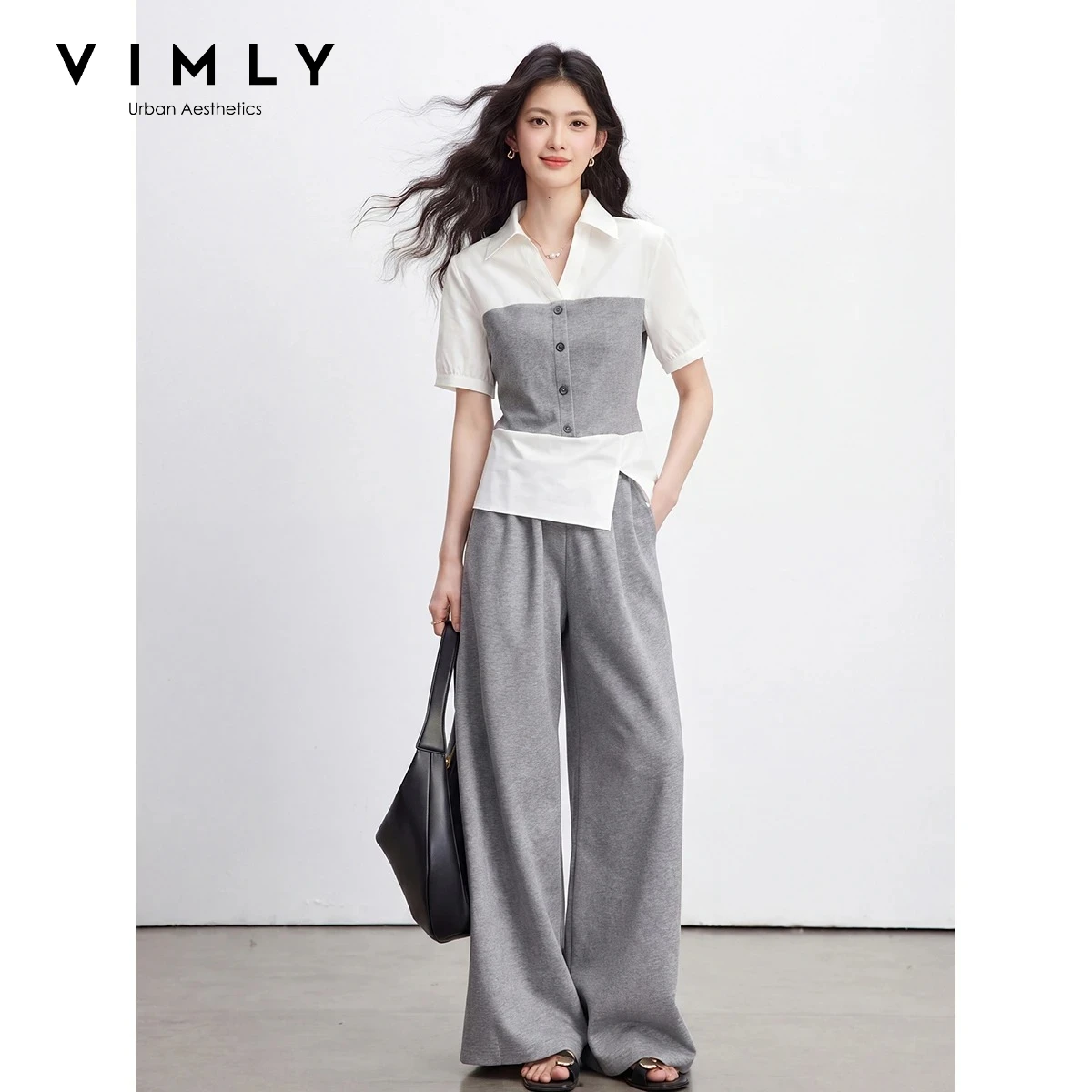 

VIMLY Women's Fake Two-piece Commuter Suit 2026 Summer New Lace-up Short Sleeve Shirt Wide Leg Pant Gray Two-piece Set 31012