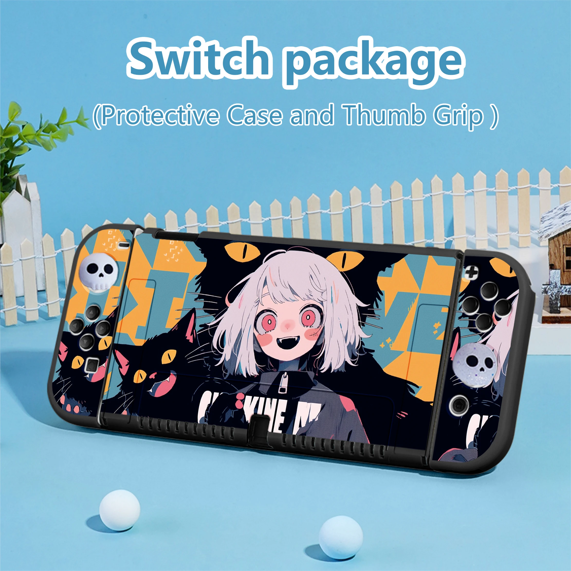 Cartoon Girl Switch Case Compatible with Nintendo Switch OLED / Switch NS,with 4 Joystick Caps,Dockable case for Switch Joy-con