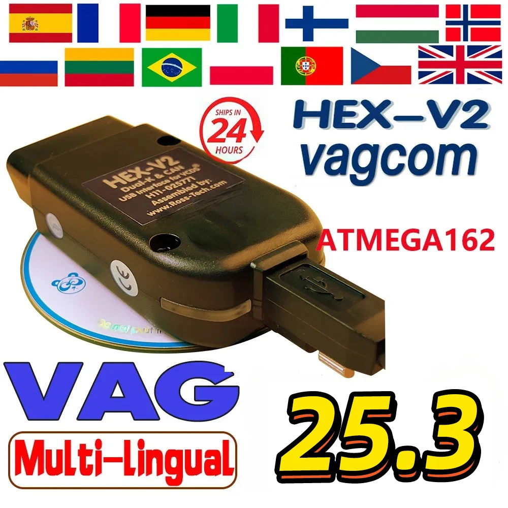 Escáner OBD2 V25.3 2026 para VAG Hex V2, Interfaz USB para VW, AUDI, Skoda, Seat, VINs Ilimitados, ATMEGA162, Multi-Idioma