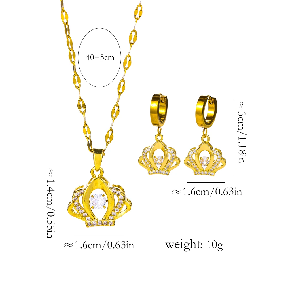 New Romantic Beating Heart Series Crystal Crown Necklace Earrings For Women 18K Gold Plated Female Stainless Steel Jewelry Set