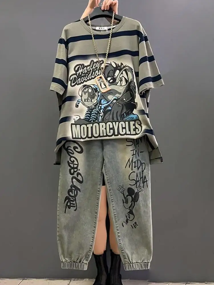 2023 Lente En Zomer Nieuwe Koreaanse Vrouwen Mode Korte Mouwen T-shirt Buitenlandse Stijl Graffiti Jeans Tweedelige set