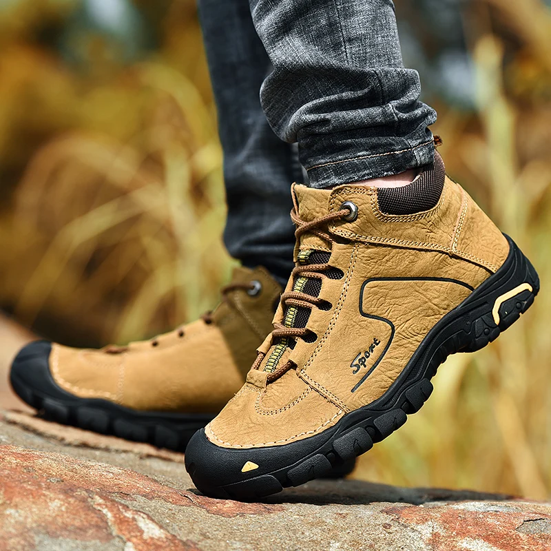 Botas de exterior Golden Sapling, zapatos de cuero genuino para hombre, zapatos tácticos de invierno con plataforma, botas de trabajo para hombre, calzado de Trekking de montaña