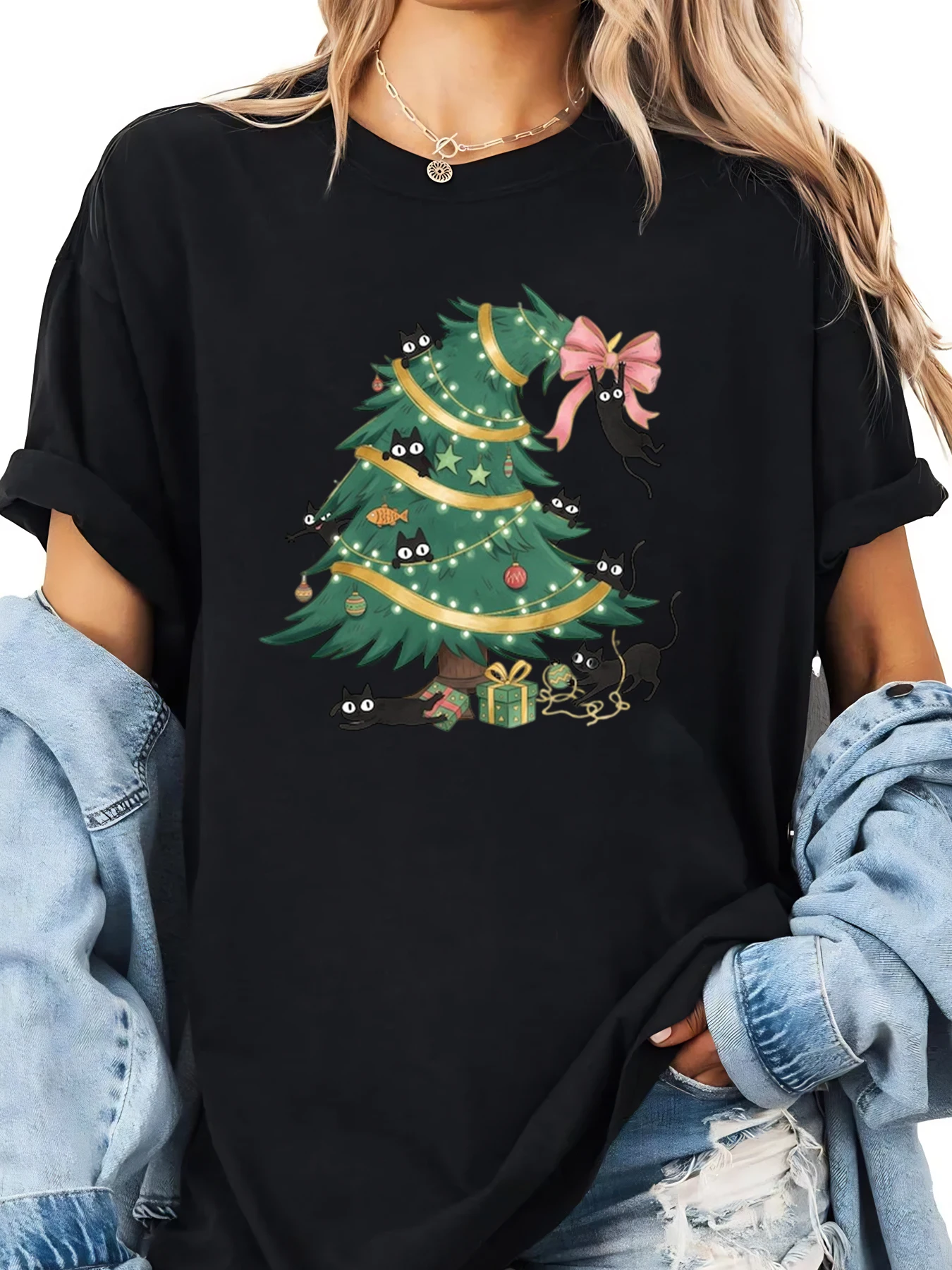 Arbre de noël avec chats imprimé vacances T-shirt femmes tenue décontracté noir grande taille