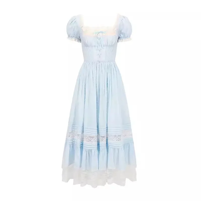 84-99cmหน้าอกฤดูร้อนชุดผู้หญิงวินเทจลูกไม้สแควร์คอพัฟแขนชุดเจ้าหญิงElegantSlim Polka Dot RuffleชุดCinderella