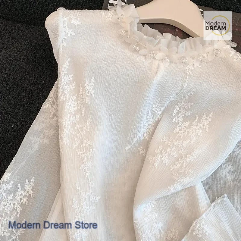 French advanced jacquard embroidery beaded lace long-sleeved shirt women's spring and autumn new western-style casual top