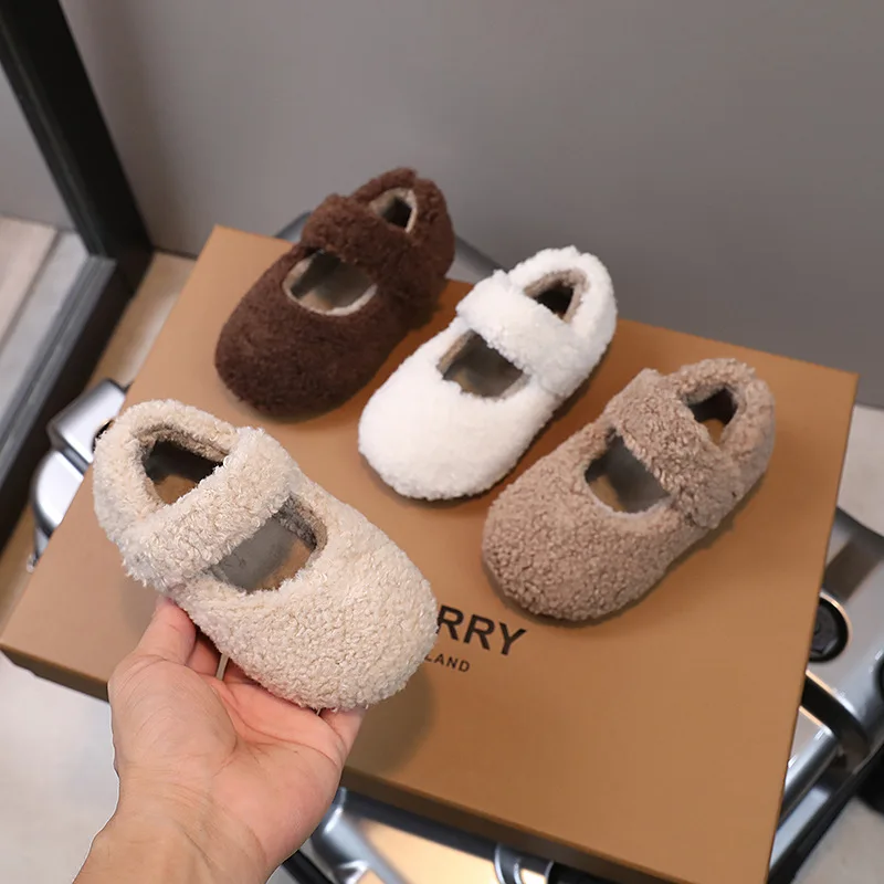 Winter Children Flat Shoes Fur Cover Toe Light Warm Kids Casual Shoe Baby Plush Warm Non-slip Leisure Comfy Boys Girls Shoe