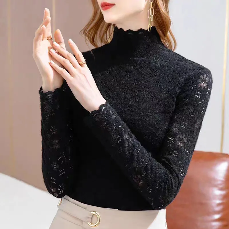 2023 Autumn Winter Women Clothes Sexy Flower Hollow Lace Half High Collar Elegant T Shirt Solid Long Sleeve Slim Warm Basic Tops