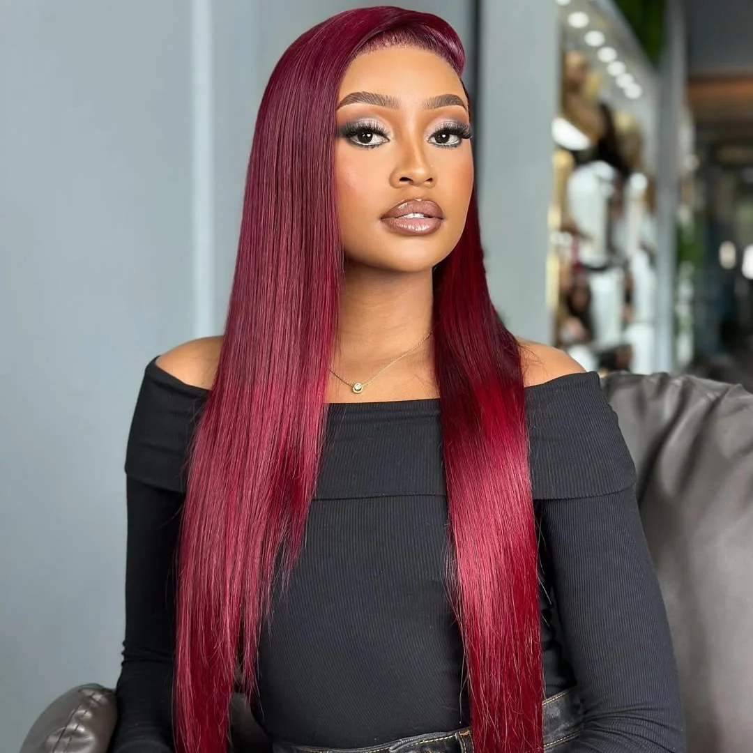 ストレート 13 × 4 透明レースフロントウィッグ人毛ブルゴーニュ 220 密度事前摘み取られた赤色レースフロントウィッグ女性のための 99J