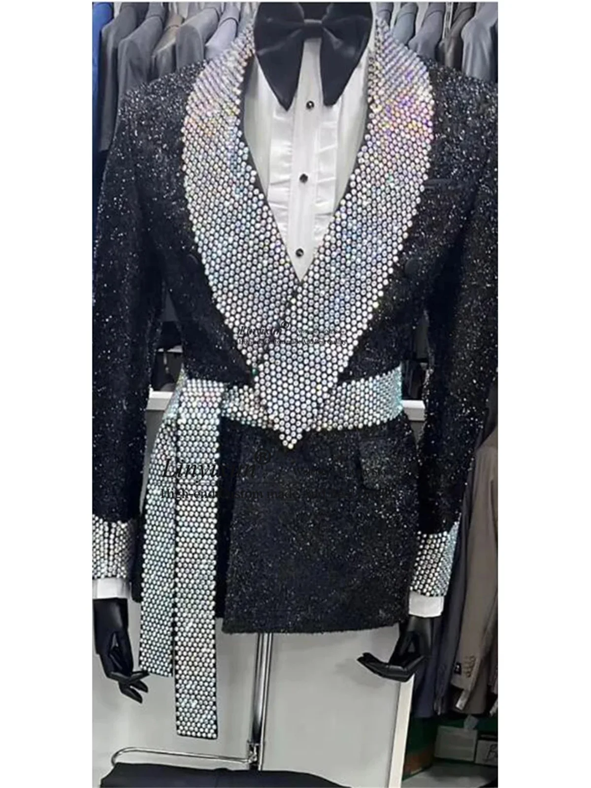 Glitter Beaded Crystals Men Suits 2 Pieces Sets Groom Wedding Tuxedos With Belt Male Prom Blazers Slim Terno Masculino Completo