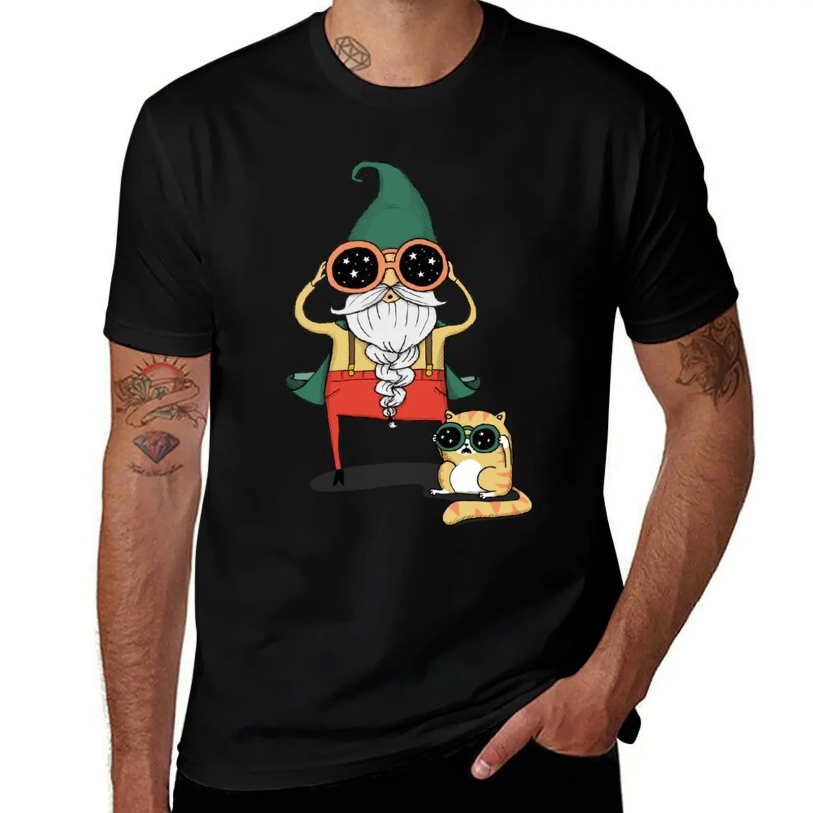 Wizard and Cat T-Shirt Soft Casual Short Sleeve Cotton Tee T-Shirt