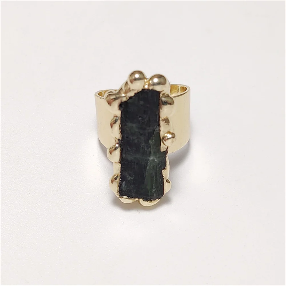 FUWO 1Pcs Natural Tourmaline Crystal Ring,Golden Plated Raw Black Gemstones Energy Ring October Birthstone Gift For Women  RG071