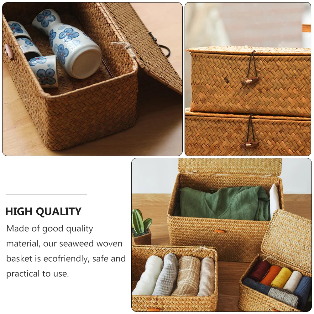 

2 PCS Storage Box Woven Basket Baskets Desk Natural Seaweed Laundry Hamper with Lid