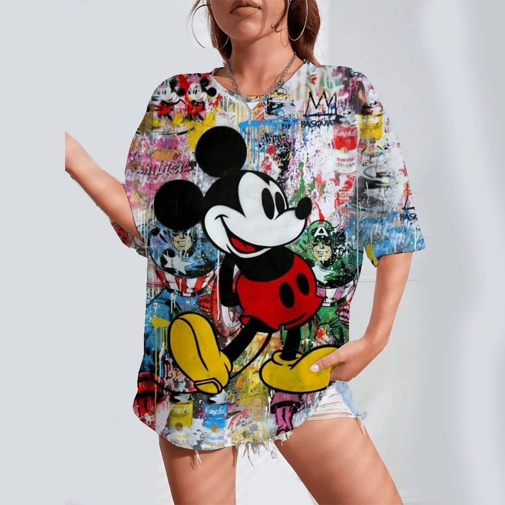 

Женская летняя футболка с коротким рукавом Disney, модный повседневный графический топ с принтом Микки Мауса для женщин, модный дорожный топ