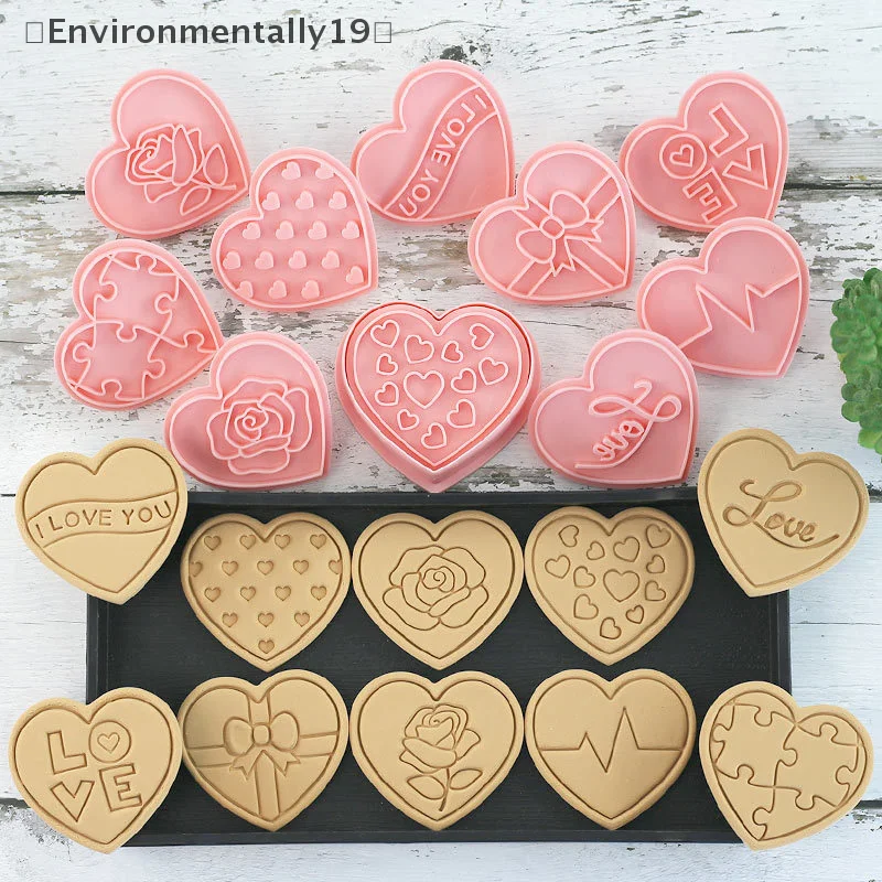 10 ชิ้นวันวาเลนไทน์ 3D Cookie Cutters, รูปหัวใจคุกกี้แสตมป์ DIY กดแม่พิมพ์สําหรับรักคุณดอกไม้หัวใจ Cookie Cutters