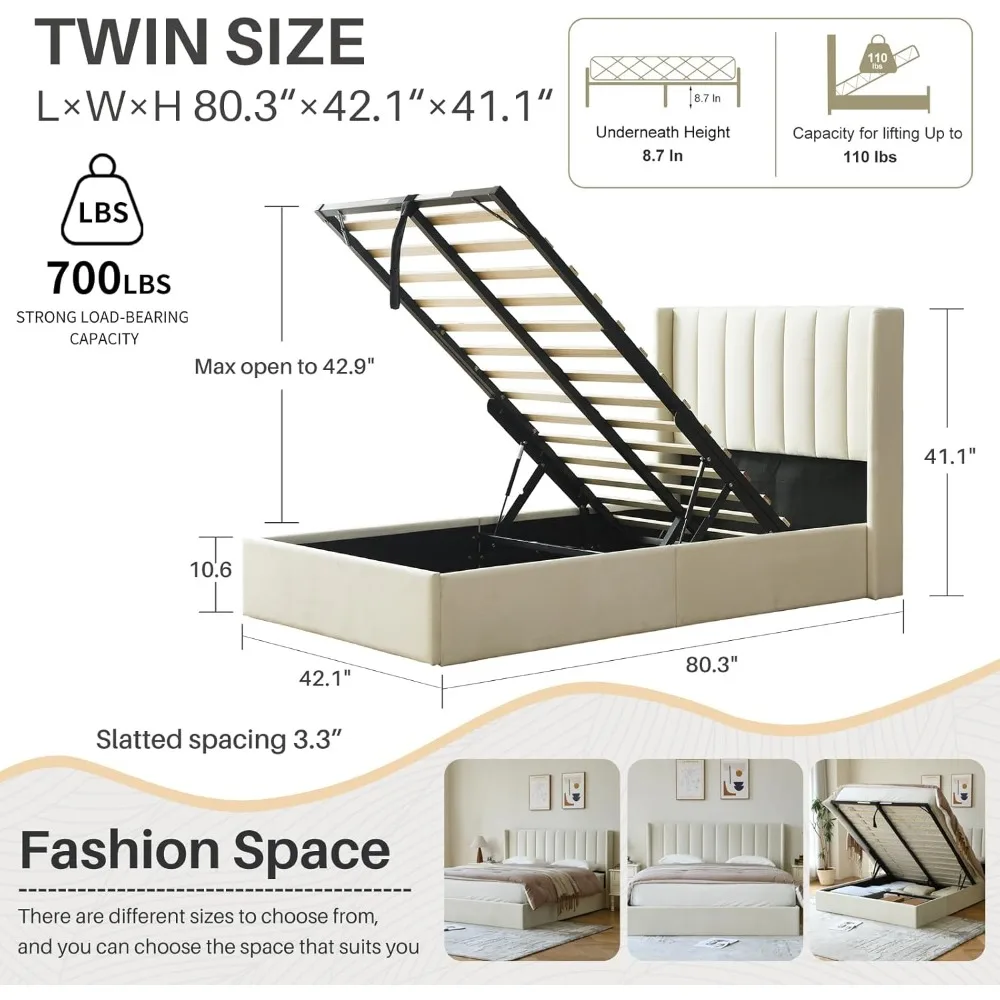 Liftable Storage Bed with Hydraulic Support Bars, Twin Size Bed Frame with Modern Wingback Design Headboard, Wooden Slats,No Box