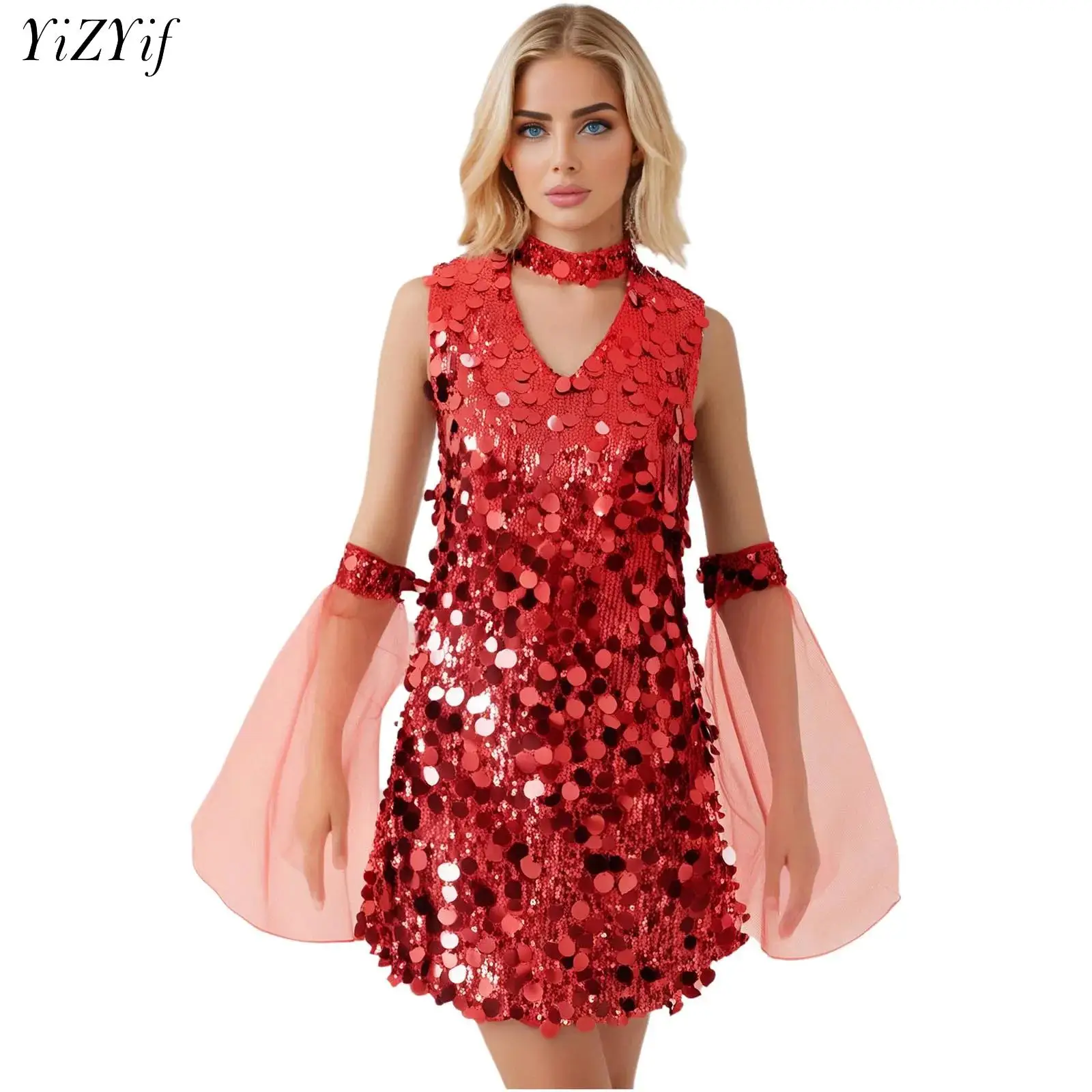 

Women Hippie 70s Disco Costume Sleeveless Hollow Out Mini Dress with Flare Sleeve Halloween Sequin Jazz Latin Dance Costume