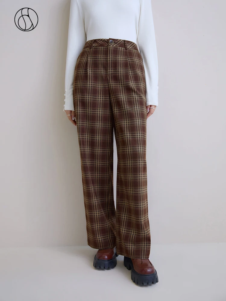 

DUSHU Office Lady Commuter Retro Plaid High Waisted Straight Leg Pants For Women's Winter New Loose Casual Pants For Women