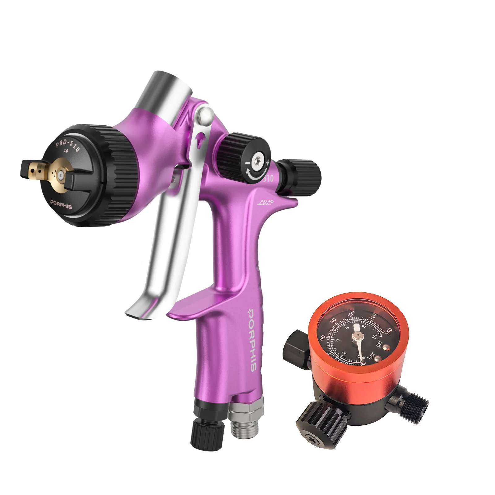 PORPHIS PRD-510 LVLP Spray Gun with Air Pressure Regulator Gauge Low Air Consumption Automotive Paint Gun for Small Compressor