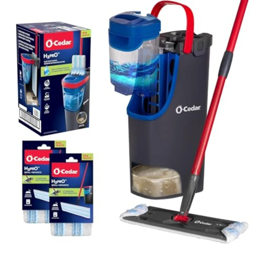 

H2prO Flat Mop System with 2 Mop Head Refills Quick Cleaning Tool for Wood Floors Vinyl Tile Baseboards and Walls Clean with Cl