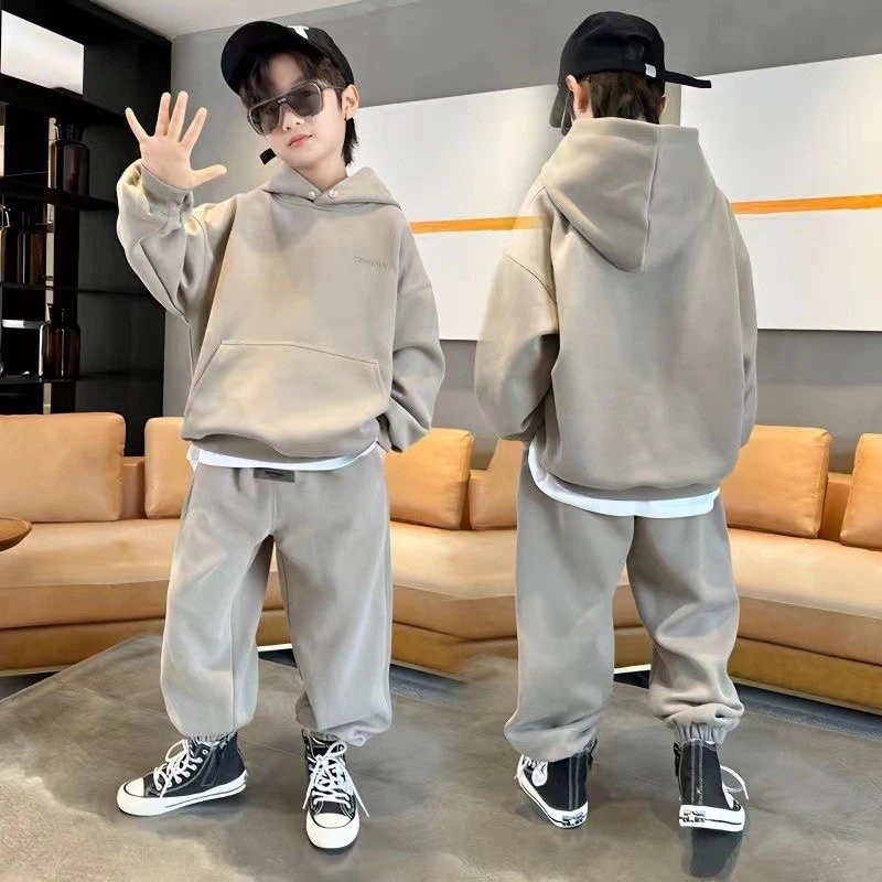 Junior Boys Autumn Hooded Suit Kids Fashion Embroidery Letter Sweatshirt + Casual Sweatpants 2 Pieces Set 3-15Y Spring Clothes