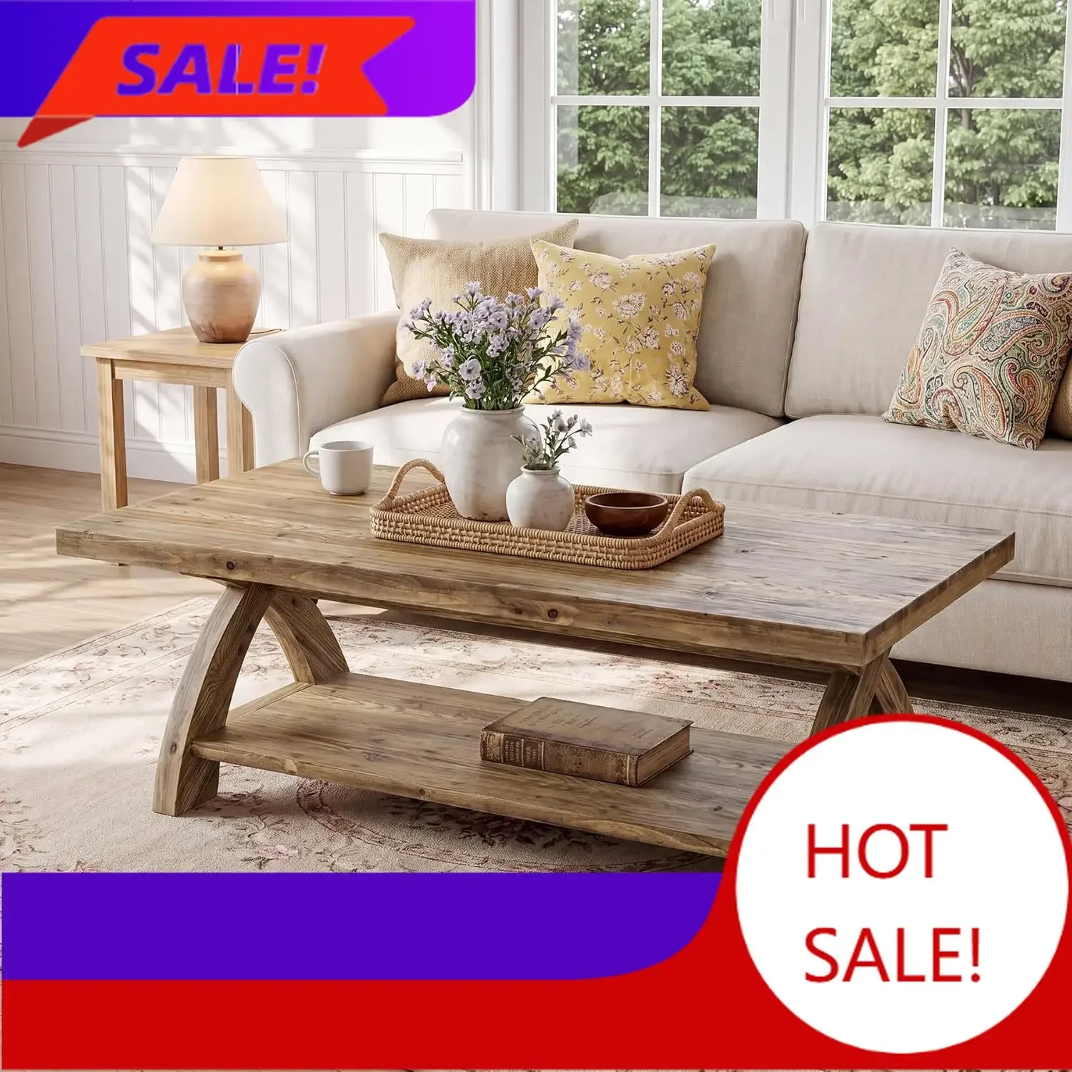 Solid Wood Coffee Table with Storage Shelf, Farmhouse Rectangular Center Table with X-Shaped Legs, Industrial Accent Cocktail Ta