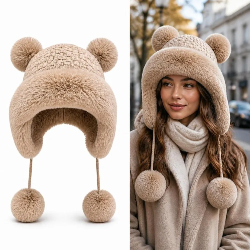 Cute Lined Bear Ear Knit Hat Thermal Insulation Windproof Trapper Hat 4 Pom Poms Fluffy Winter Knit Cap Cold Weather