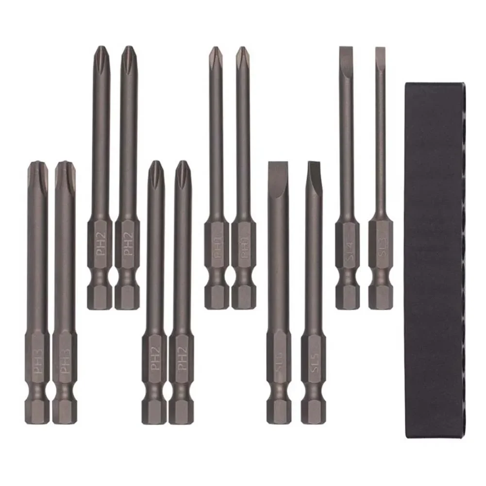 12pcs 75mm Magnetic Screwdriver Bit Set Magnetic Tip 1/4inch Screwdriver Electric Screwdriver Tool PH3 PH2 PH1 SL6 SL5 SL4 SL3
