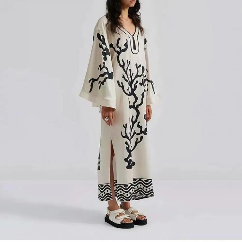 

Long Sleeve Printed Loose Slit Maxi Dress for Woman Casual Round Neck Black White Plant Print Loose Bell Sleeve Long Dress