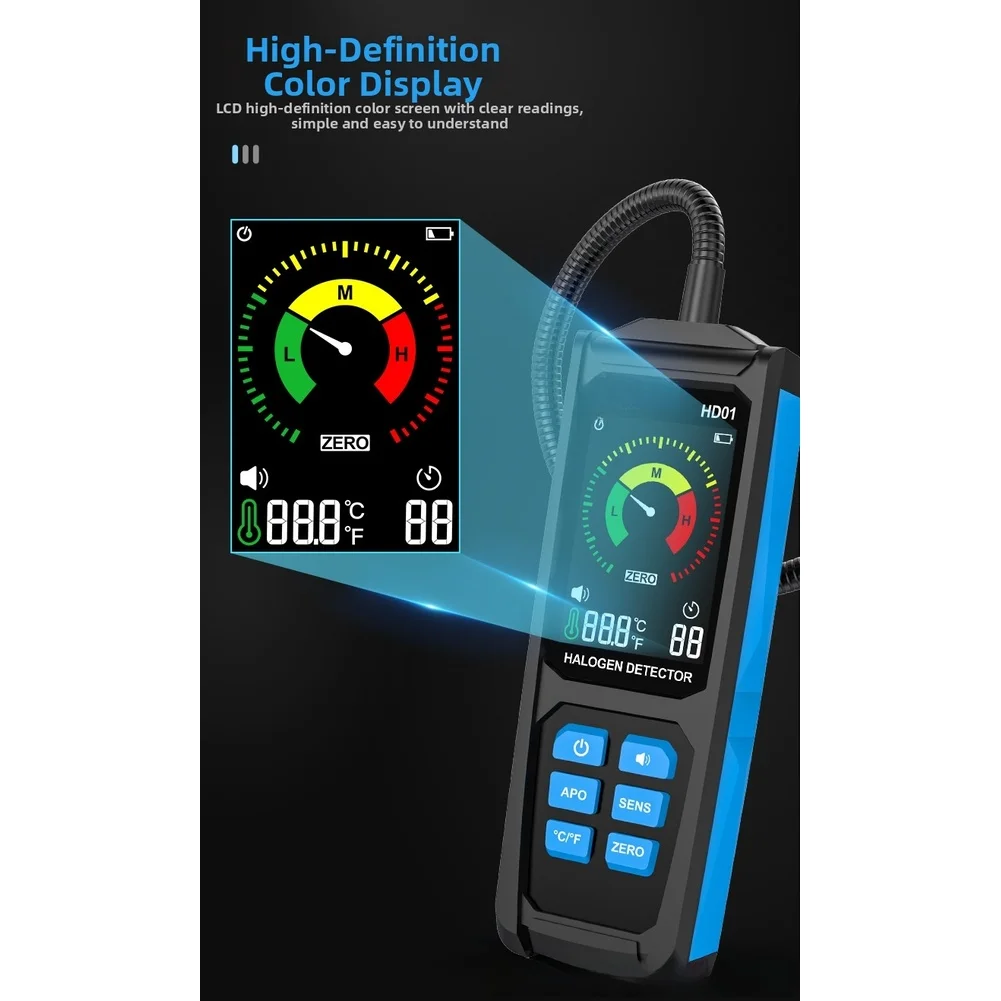 HD01 Portable Gas Leak Detector for R22 R32 R134a with Fast 10s Response Time 0-1000PPM Sensitivity and ABS Body