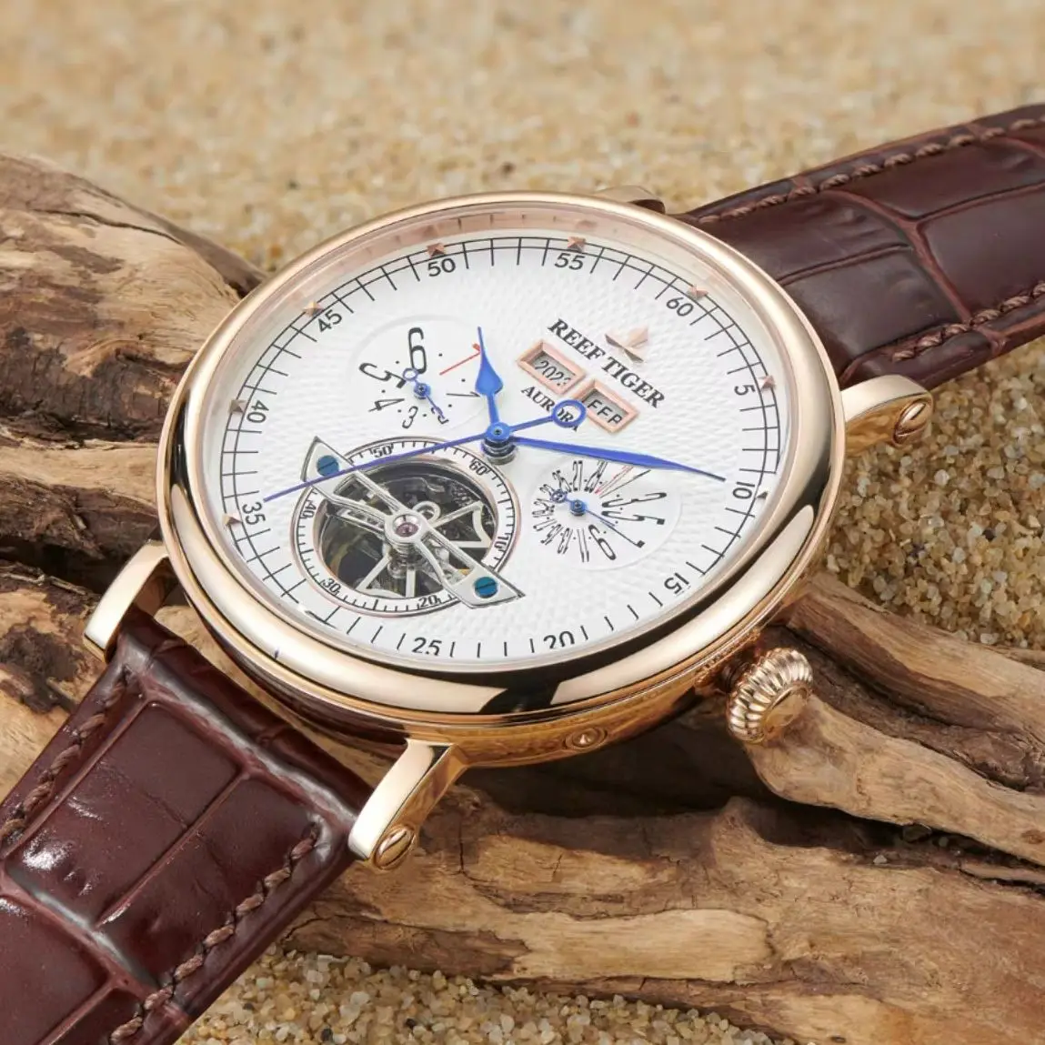 Reef Tiger Men Automatic Watch 42MM Mechanical Wristwatch Waterproof Sapphire Luminous Year Month Week Date Flywheel Dial