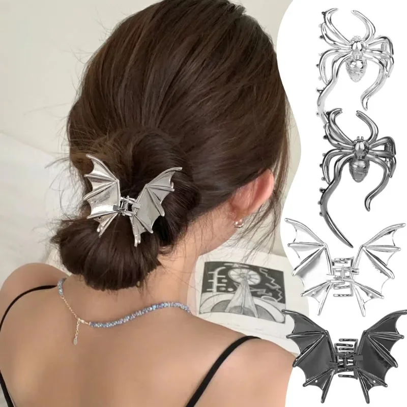 Silver Metal Spider Bat Large Hair Clip Women Personalized High Hair Volume Shark Clip Back of The Head Disheveled Hair Claw