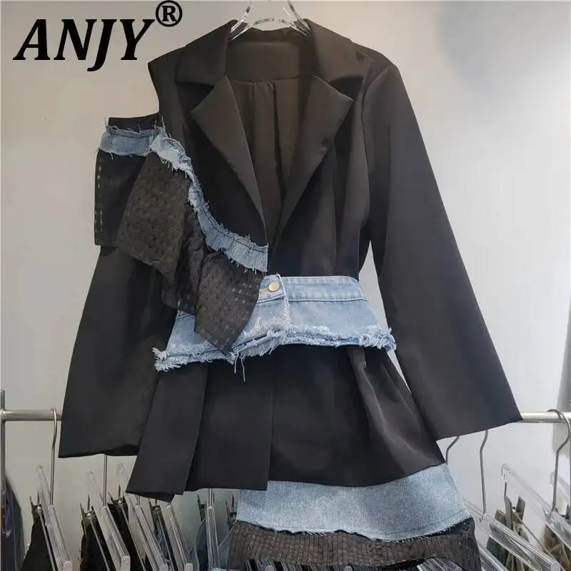

ANJY Autumn New Wpomen Blazer Denim Spliced Contrast Color Single Shoulder Hollowed Out Asymmetrical Design Elegant Coats A10365