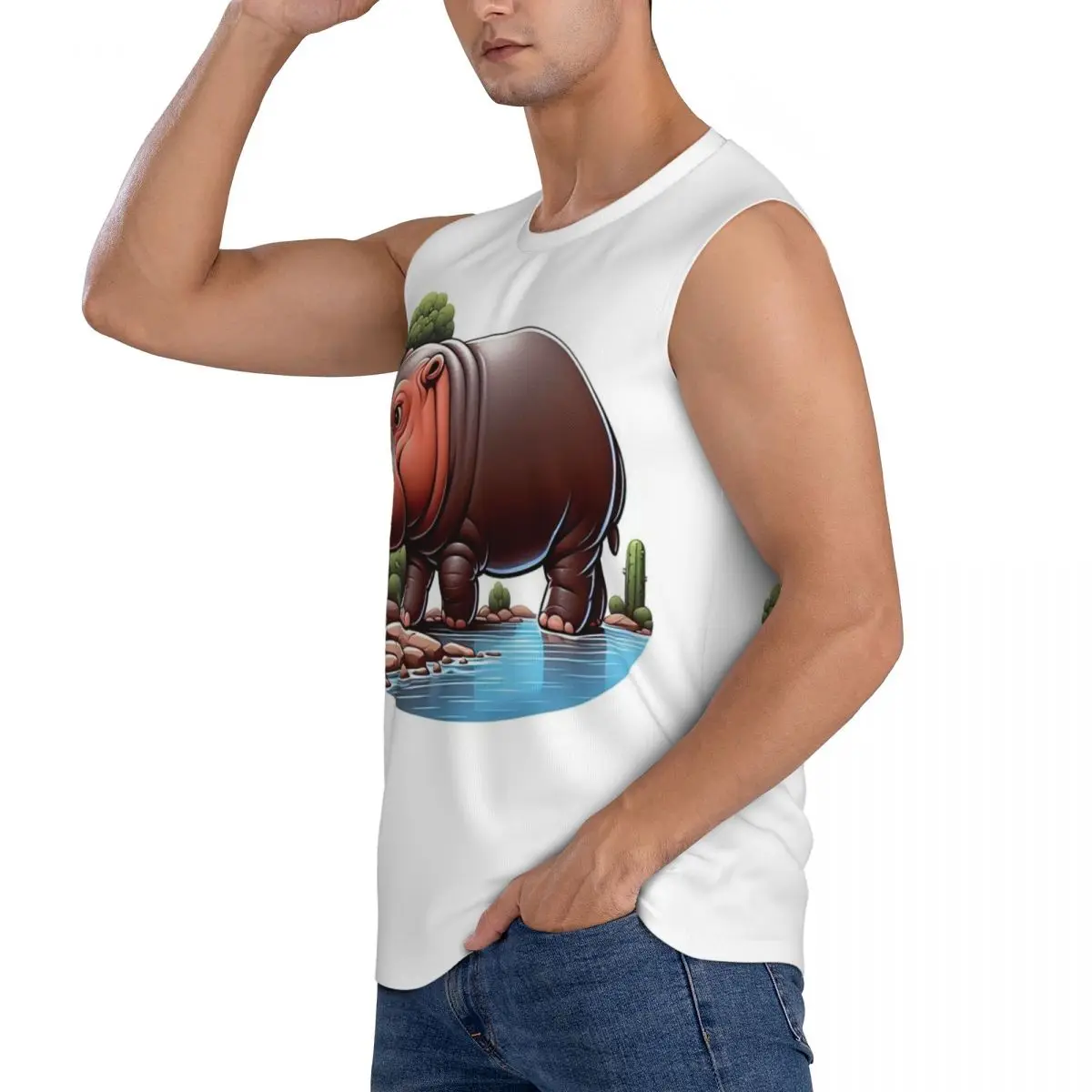 A Pygmy Hippopotamus Strolling By The River Men Sleeveless Tank Tops Quick Dry Breathable Gym Fitness Running Summer Sport Vest
