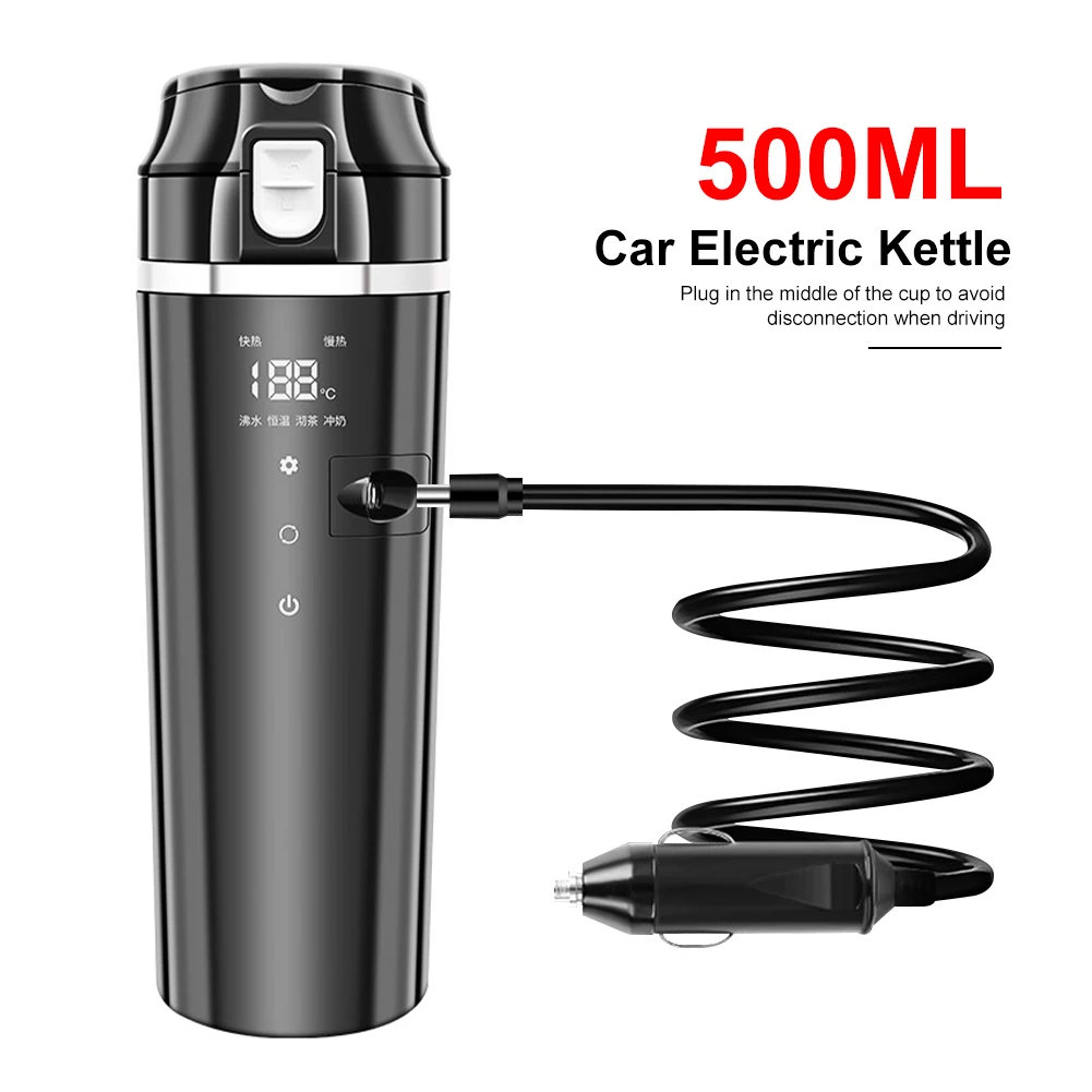 500ml Portable Car Electric Kettle 12/24V Heating Cup with LCD Display 4 Modes Coffee Kettle Hot Water Boiler Bottle Heating Mug