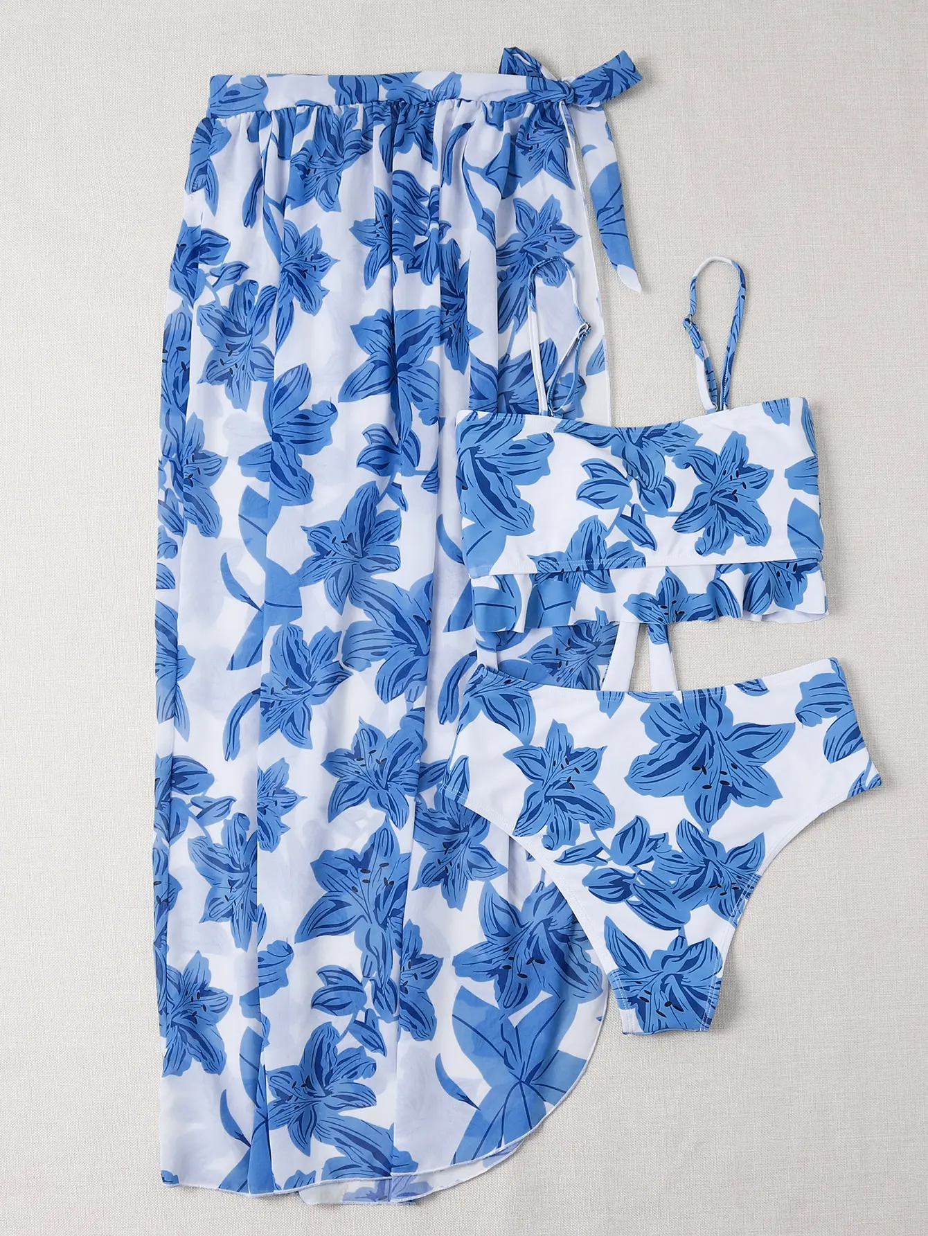 Maillot de bain 3 pièces, taille haute, avec jupe de plage, imprimé floral, nœud sur le devant, à volants, pour femmes, vêtements de plage, 2024