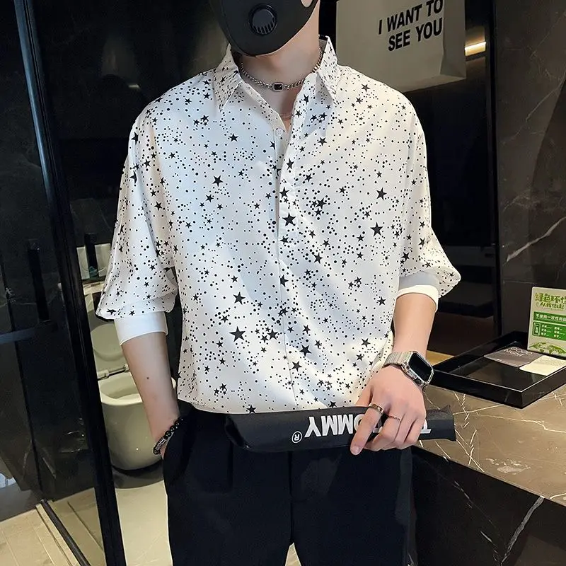 Fashion Lapel Korean Printed Shirt Men\'s Clothing 2023 Spring New Oversized Casual Tops Three Quarter Loose All-match Shirt