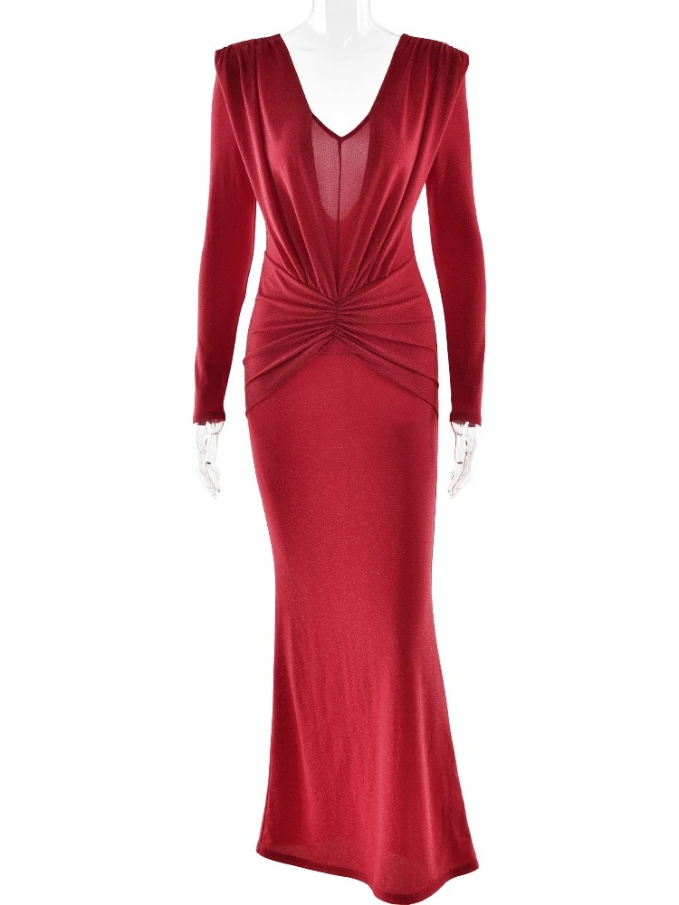 Women Deep V-neck Backless Red Wedding Dress Ladies Goown Elegant Full Sleeve High Waist Tunics Slim Long Cocktail Party Dresses